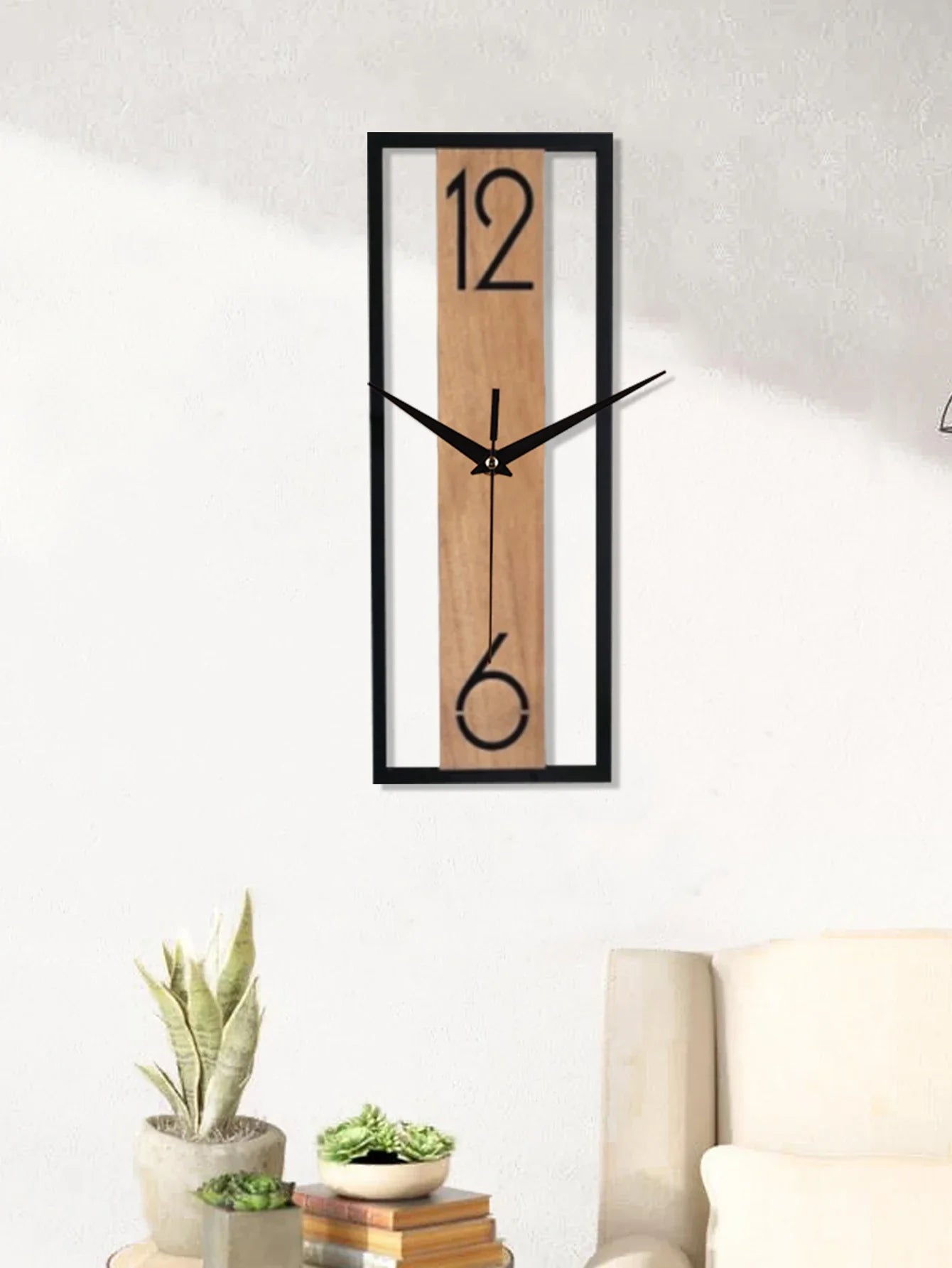Modern Rectangular Wall Clock with Slim Wood Grain Frame