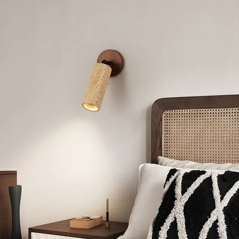 Wabi-Sabi Travertine and Wood Wall Lamp