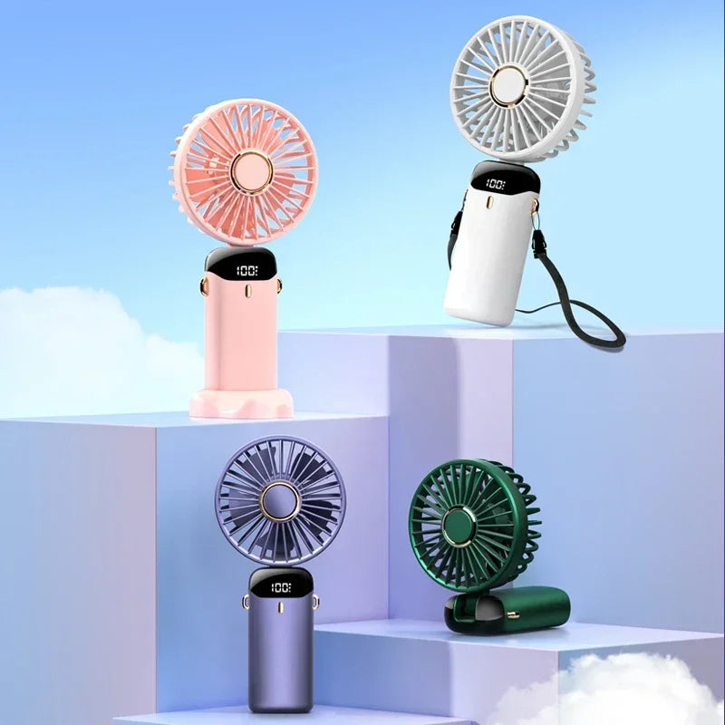 Portable Mini Handheld Fan with 3000mAh Battery Foldable Neck Design USB Rechargeable 5 Speed Adjustable with Phone Stand and Display Screen