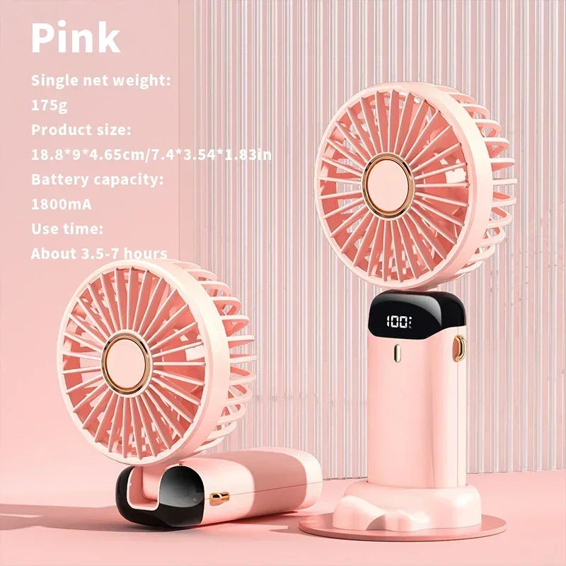 Portable Mini Handheld Fan with 3000mAh Battery Foldable Neck Design USB Rechargeable 5 Speed Adjustable with Phone Stand and Display Screen