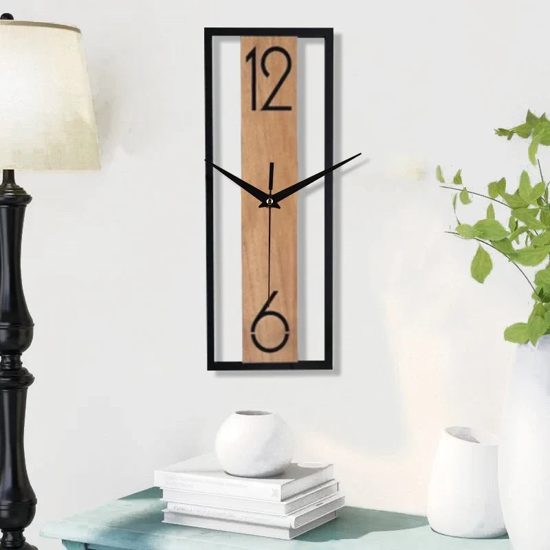 Modern Rectangular Wall Clock with Slim Wood Grain Frame
