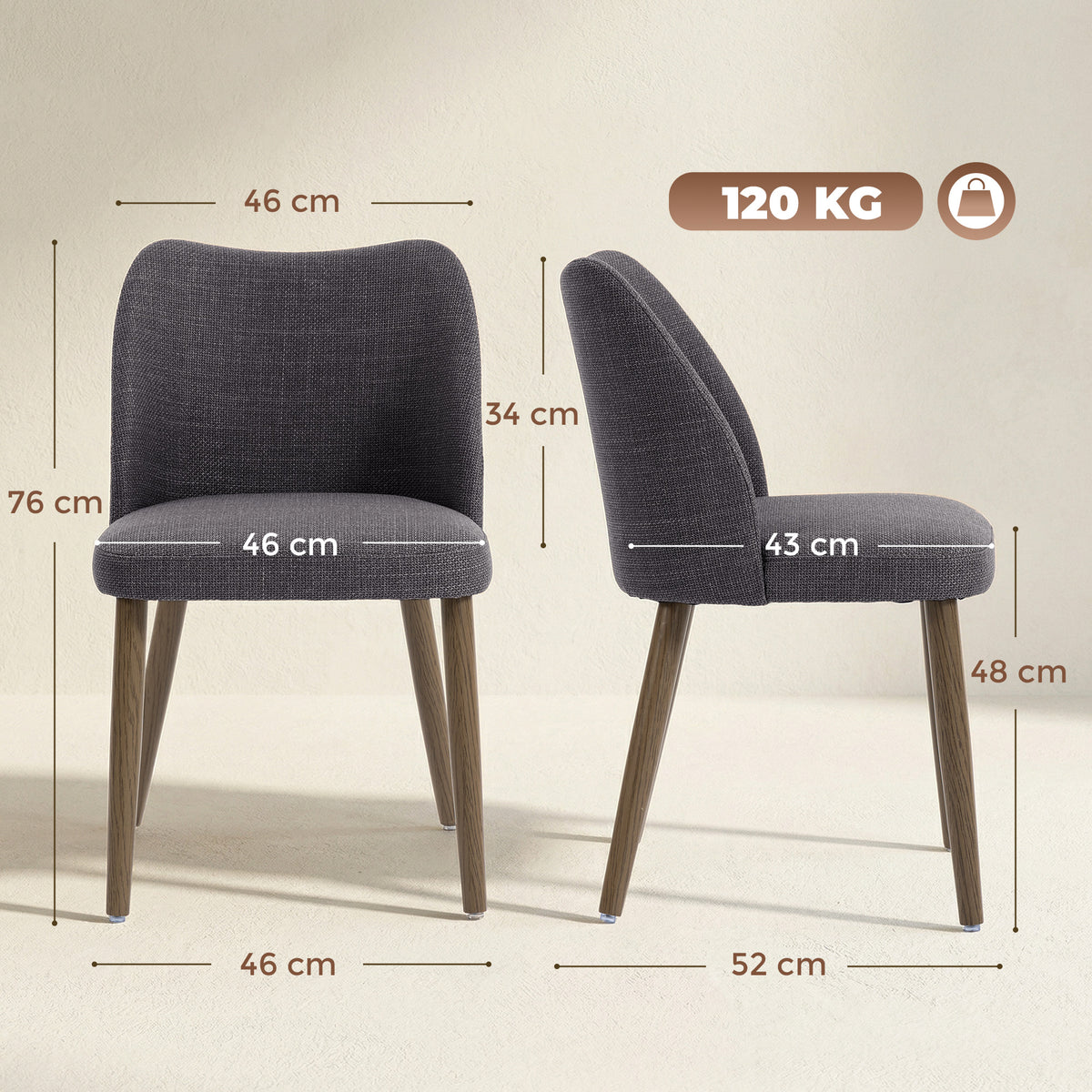 Linen Upholstered Dining Chairs Set of 2 with Curved Backrest Dark Grey