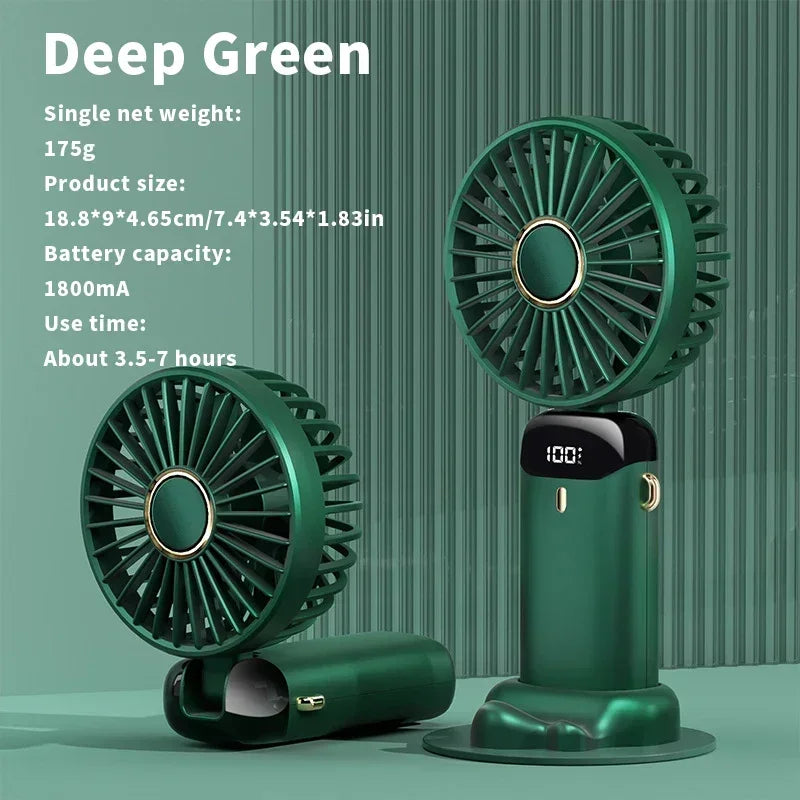 Portable Mini Handheld Fan with 3000mAh Battery Foldable Neck Design USB Rechargeable 5 Speed Adjustable with Phone Stand and Display Screen
