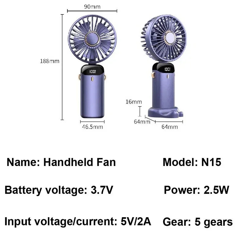 Portable Mini Handheld Fan with 3000mAh Battery Foldable Neck Design USB Rechargeable 5 Speed Adjustable with Phone Stand and Display Screen