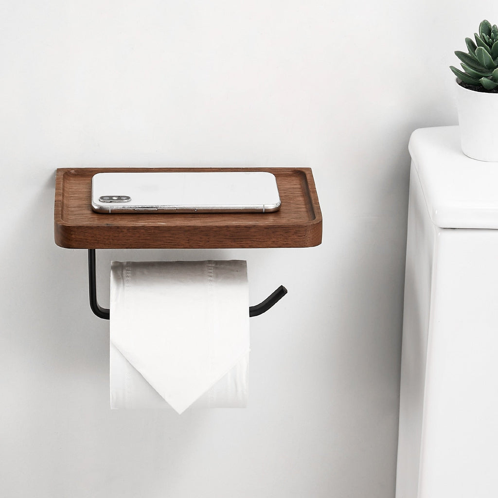 Wooden Toilet Paper Holder with Storage Shelf Modern Home Storage