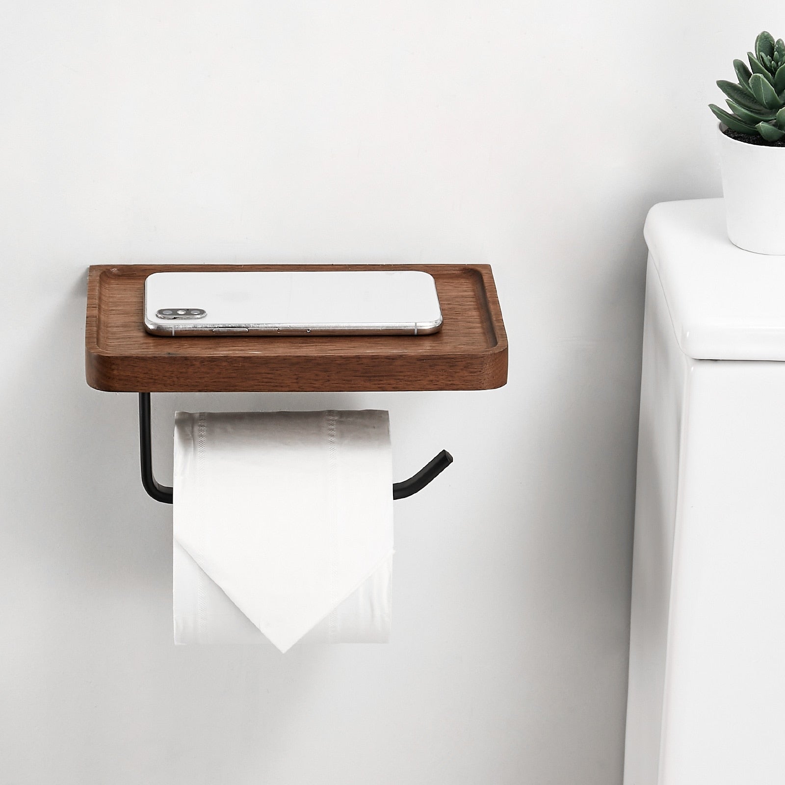 Wooden Toilet Paper Holder with Storage Shelf Modern Home Storage