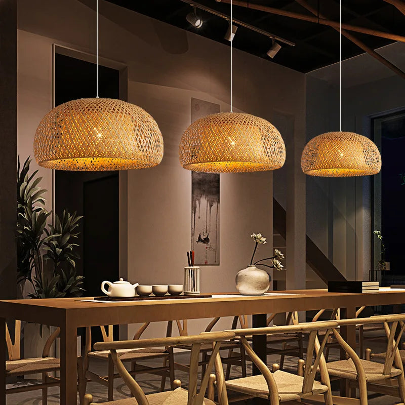 Handwoven Bamboo Pendant Lamp with Rattan Shade