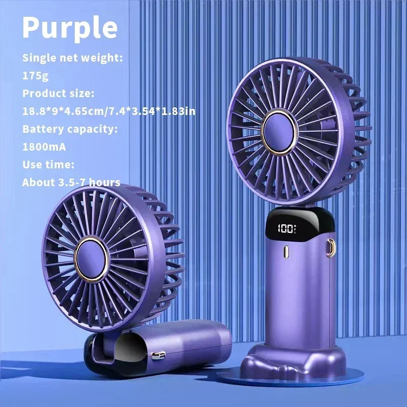 Portable Mini Handheld Fan with 3000mAh Battery Foldable Neck Design USB Rechargeable 5 Speed Adjustable with Phone Stand and Display Screen
