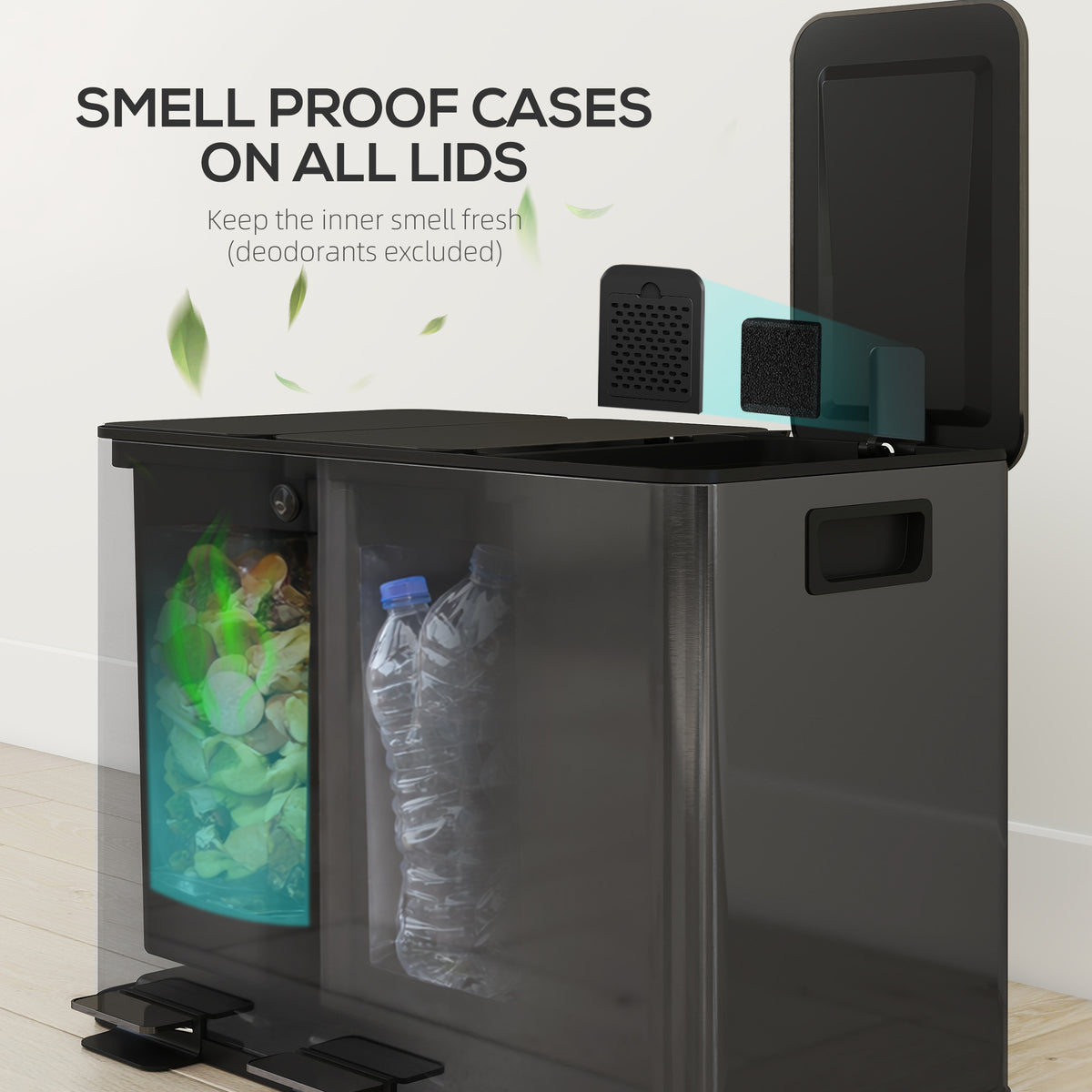 Triple Compartment Pedal Bin with Soft-Close Lid - Black