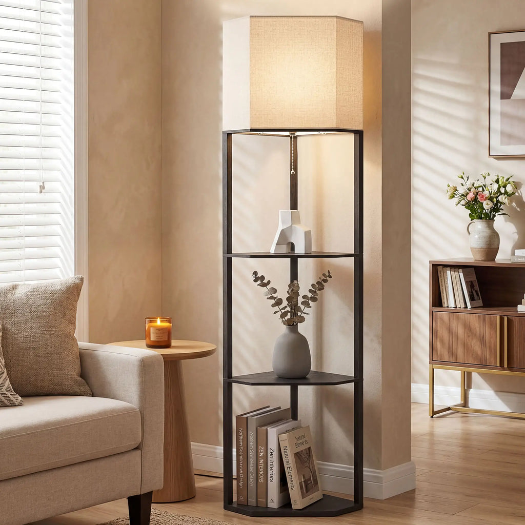Corner Design Floor Lamp with Shelves and Pull Chain Switch