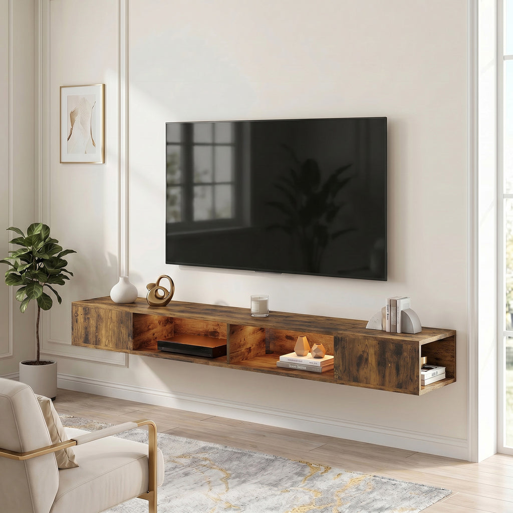 Floating Wall-Mounted TV Stand with RGB LED Lights - Rustic Brown