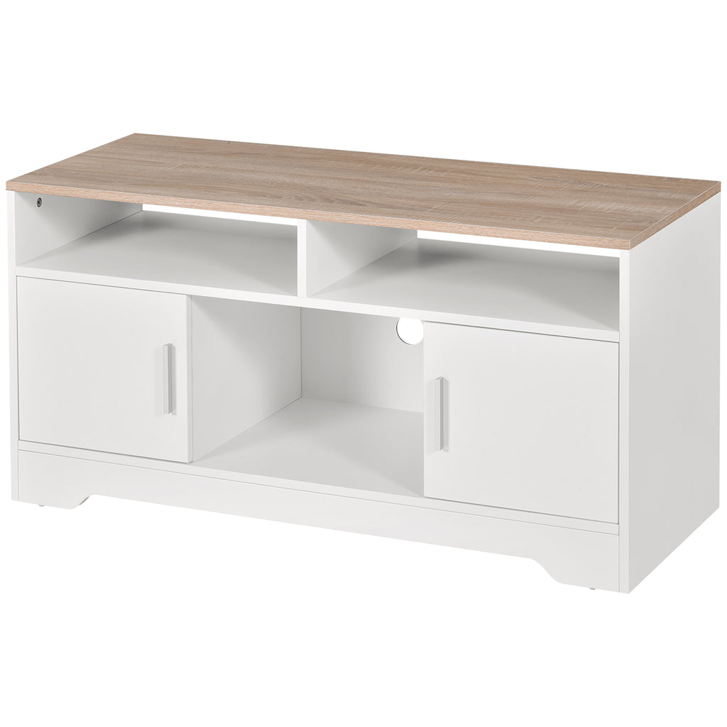 White and Wood TV Stand with Cabinets and Open Shelf