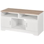 White and Wood TV Stand with Cabinets and Open Shelf