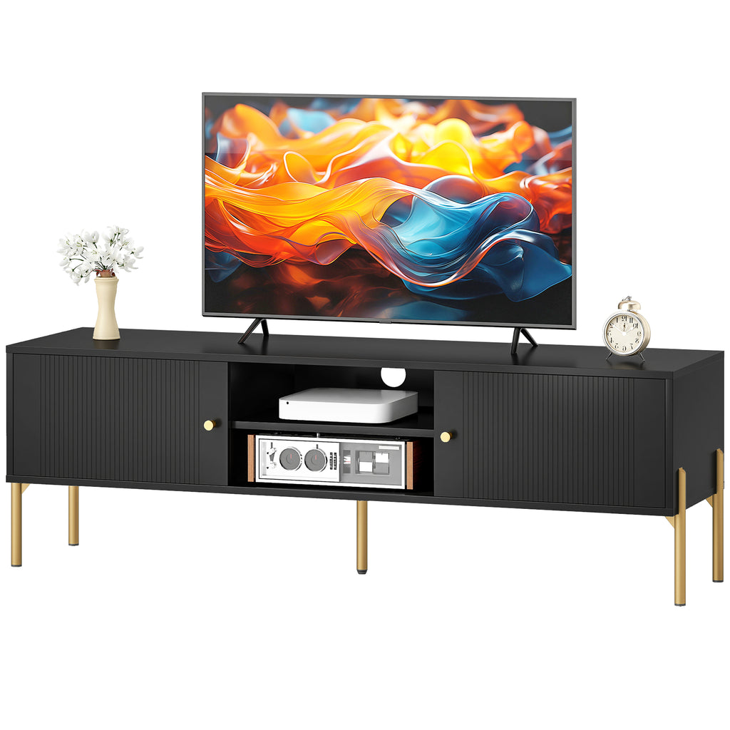Black Fluted TV Stand with Gold Legs and 2 Cabinets