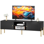 Black Fluted TV Stand with Gold Legs and 2 Cabinets