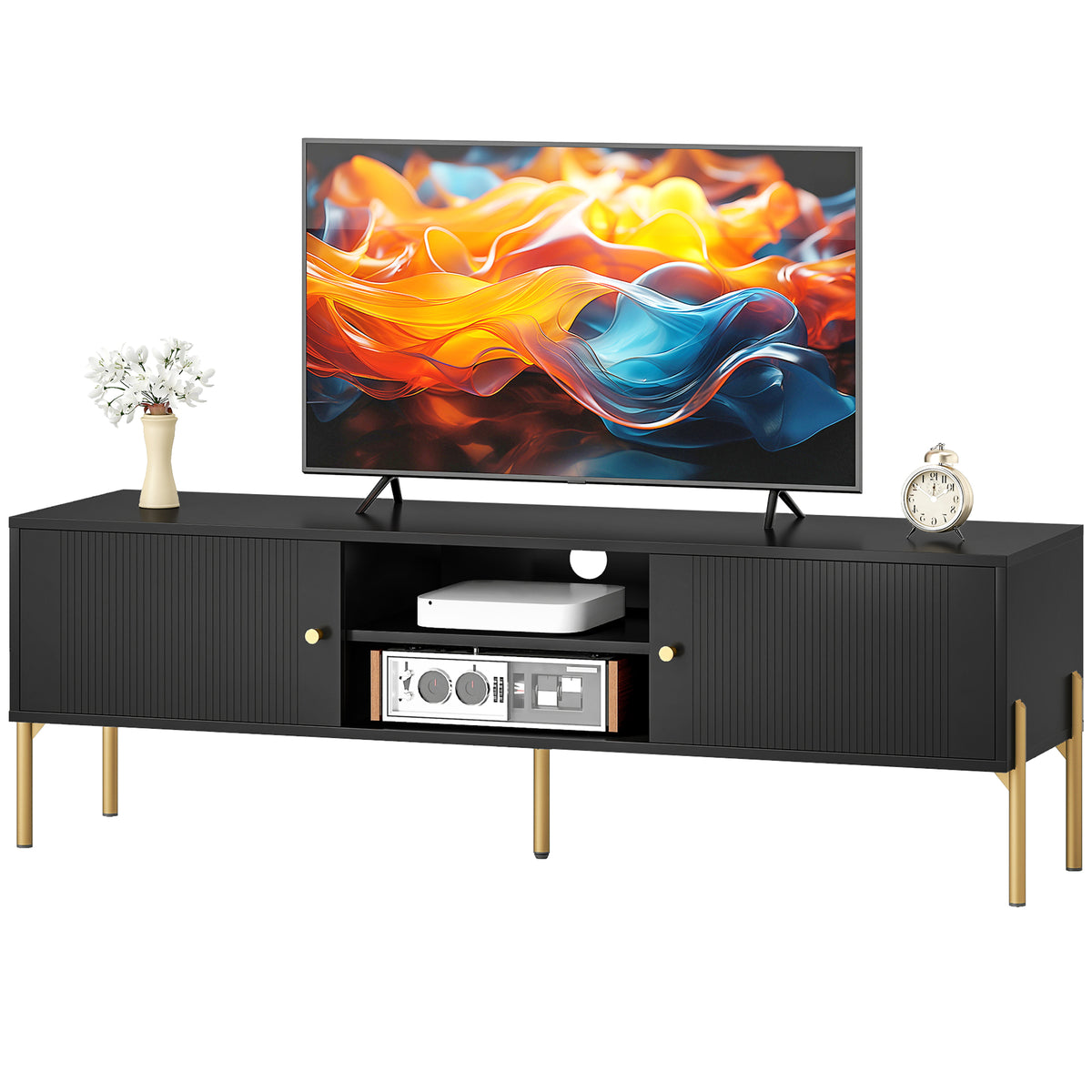 Black Fluted TV Stand with Gold Legs and 2 Cabinets