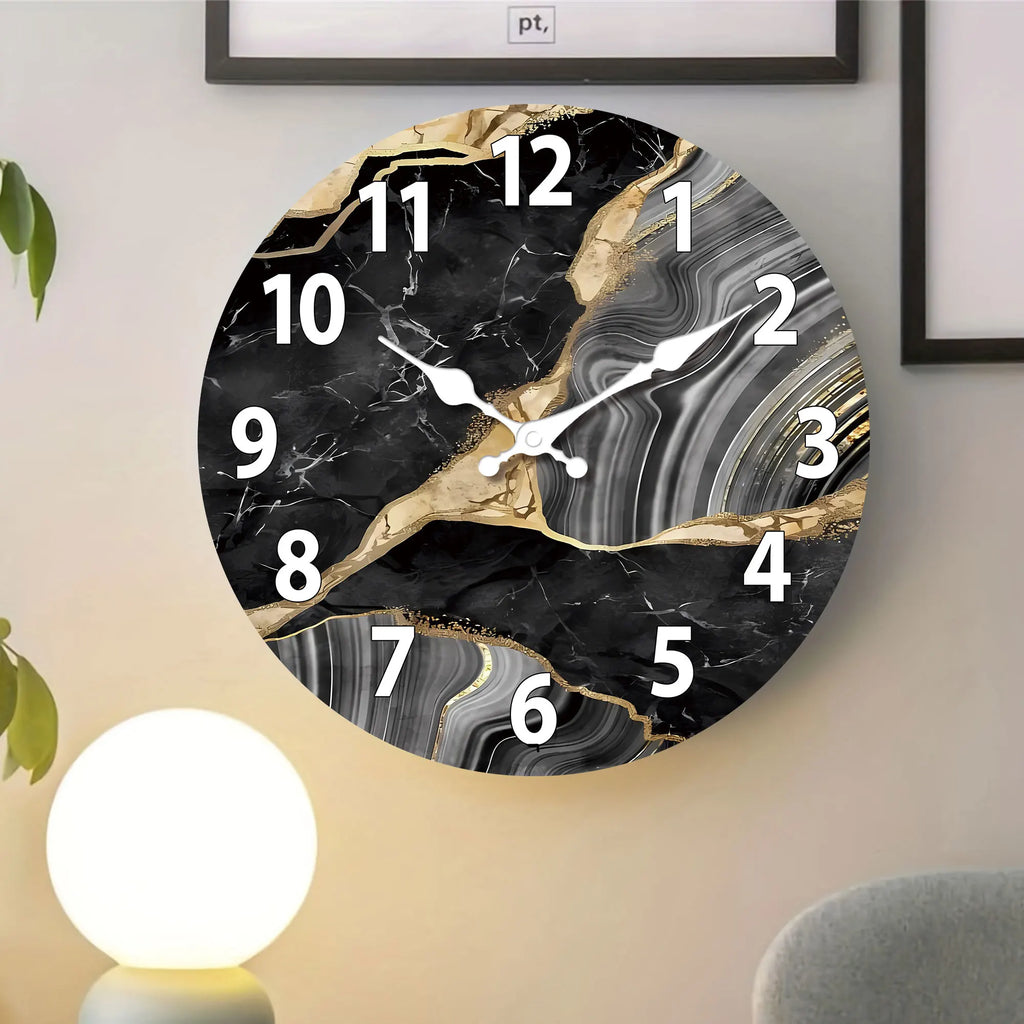 MarbellaTime Round Wooden Wall Clock with Marble Pattern