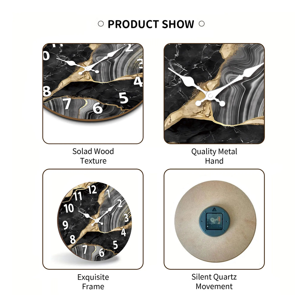 MarbellaTime Round Wooden Wall Clock with Marble Pattern