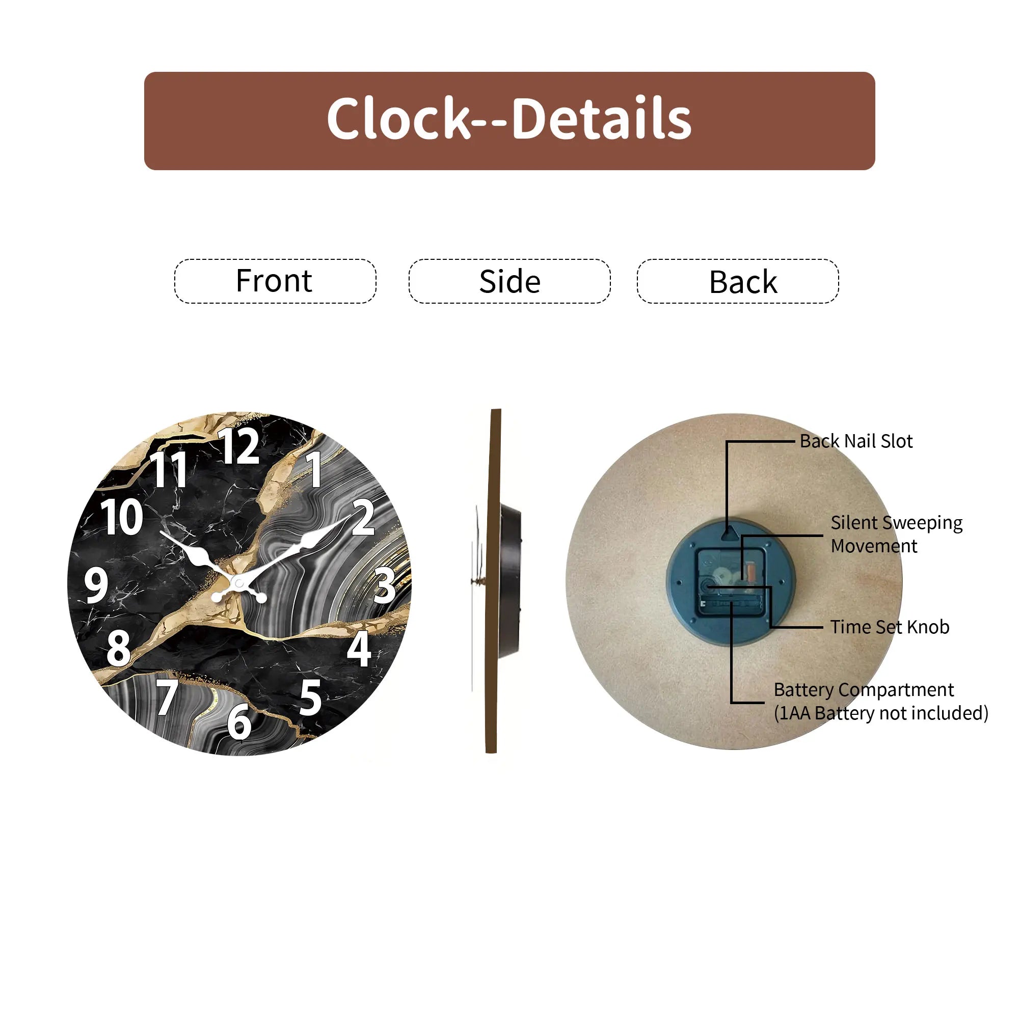 MarbellaTime Round Wooden Wall Clock with Marble Pattern
