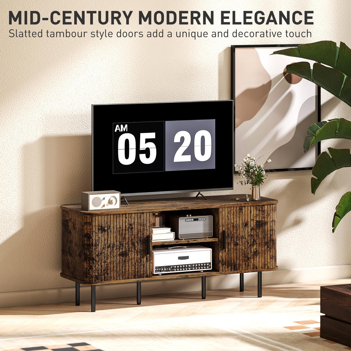 TV Stand Cabinet with Slatted Tambour Doors - Rustic Brown
