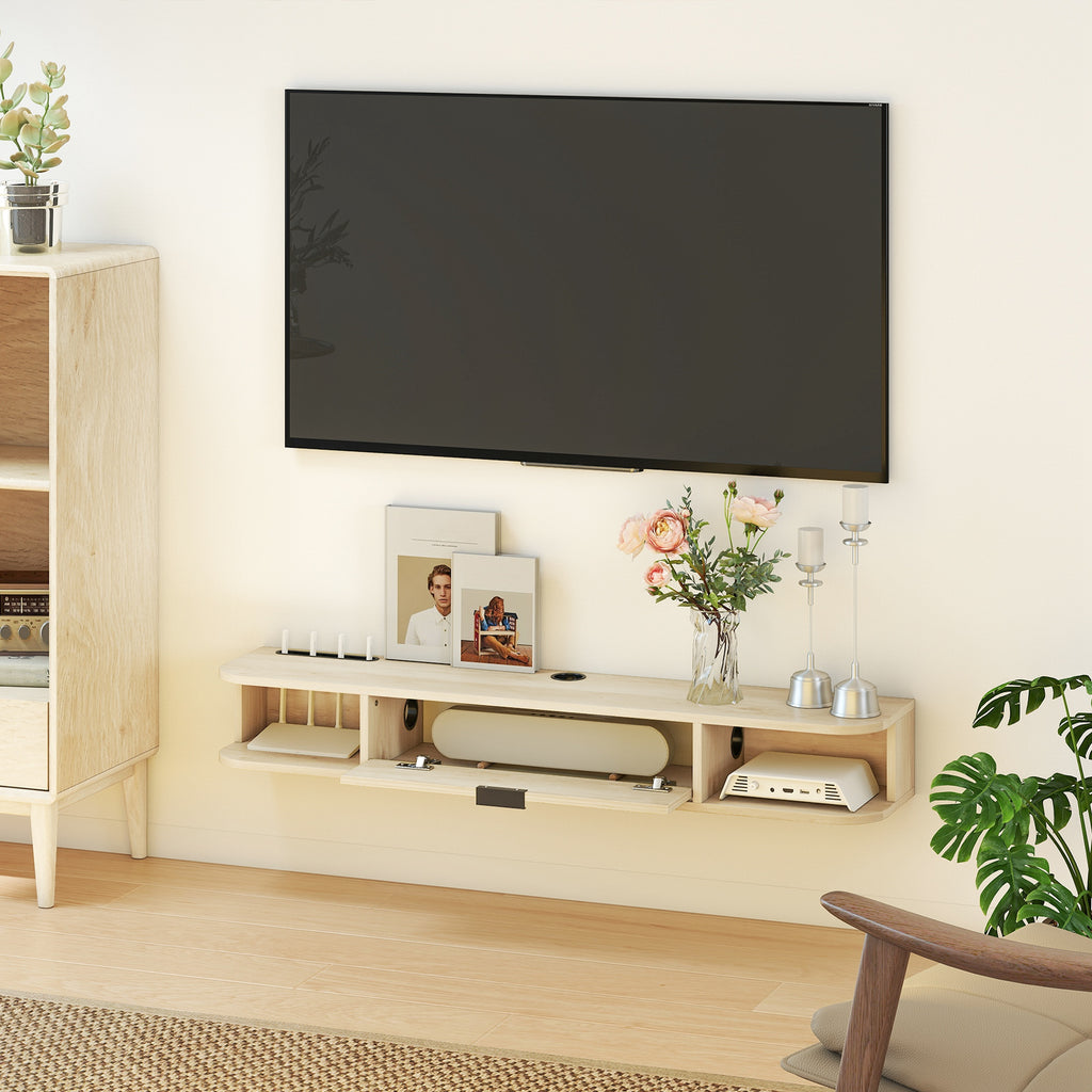 Natural Wood Floating TV Unit with Flip Drawer