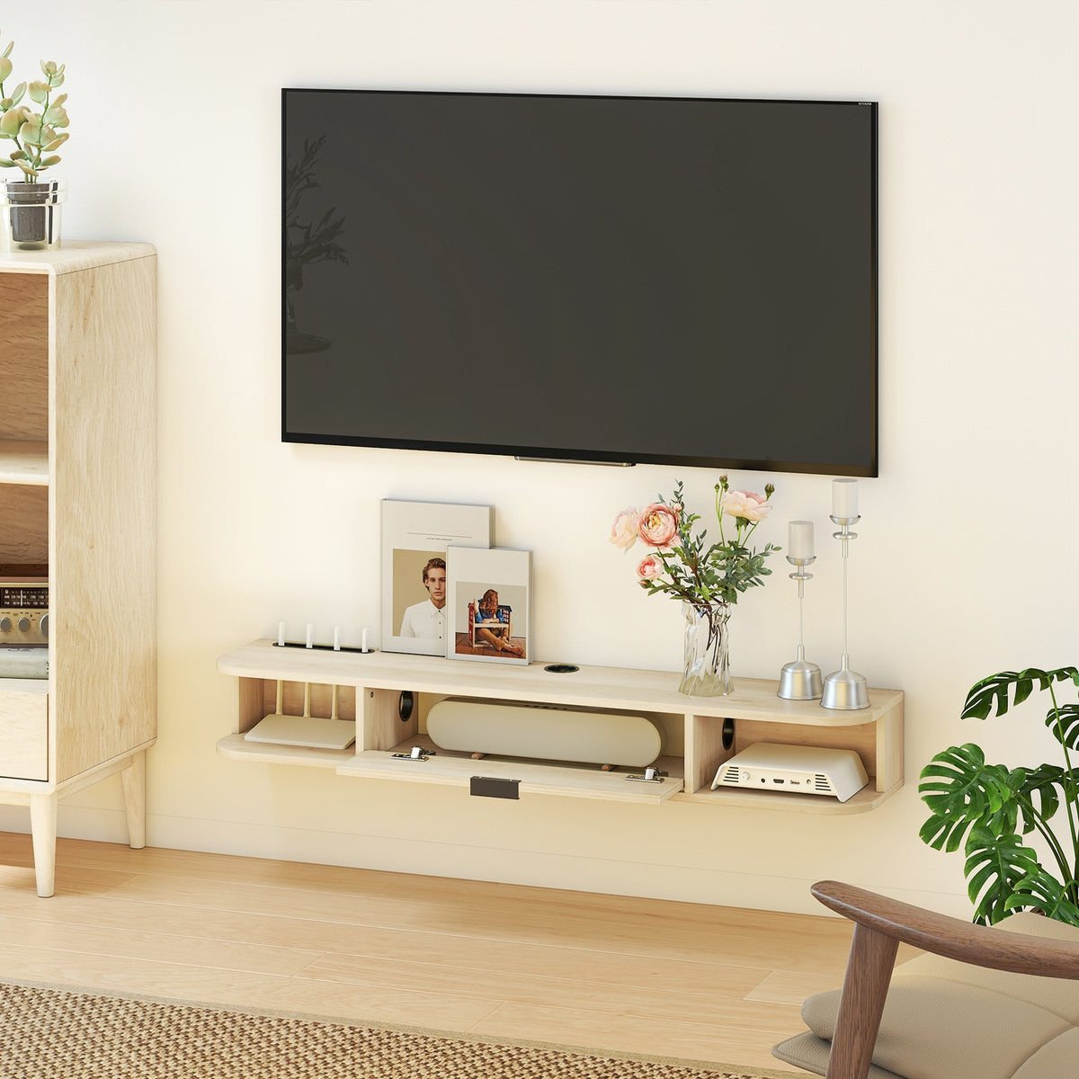 Natural Wood Floating TV Unit with Flip Drawer