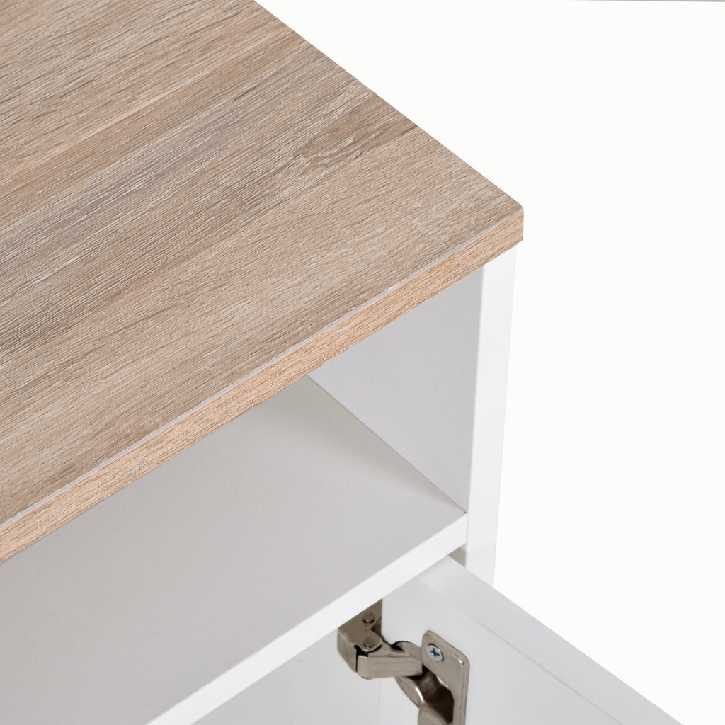White and Wood TV Stand with Cabinets and Open Shelf