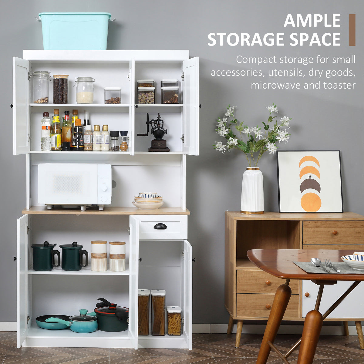 Kitchen Cabinet with Microwave Countertop and Storage Drawer White
