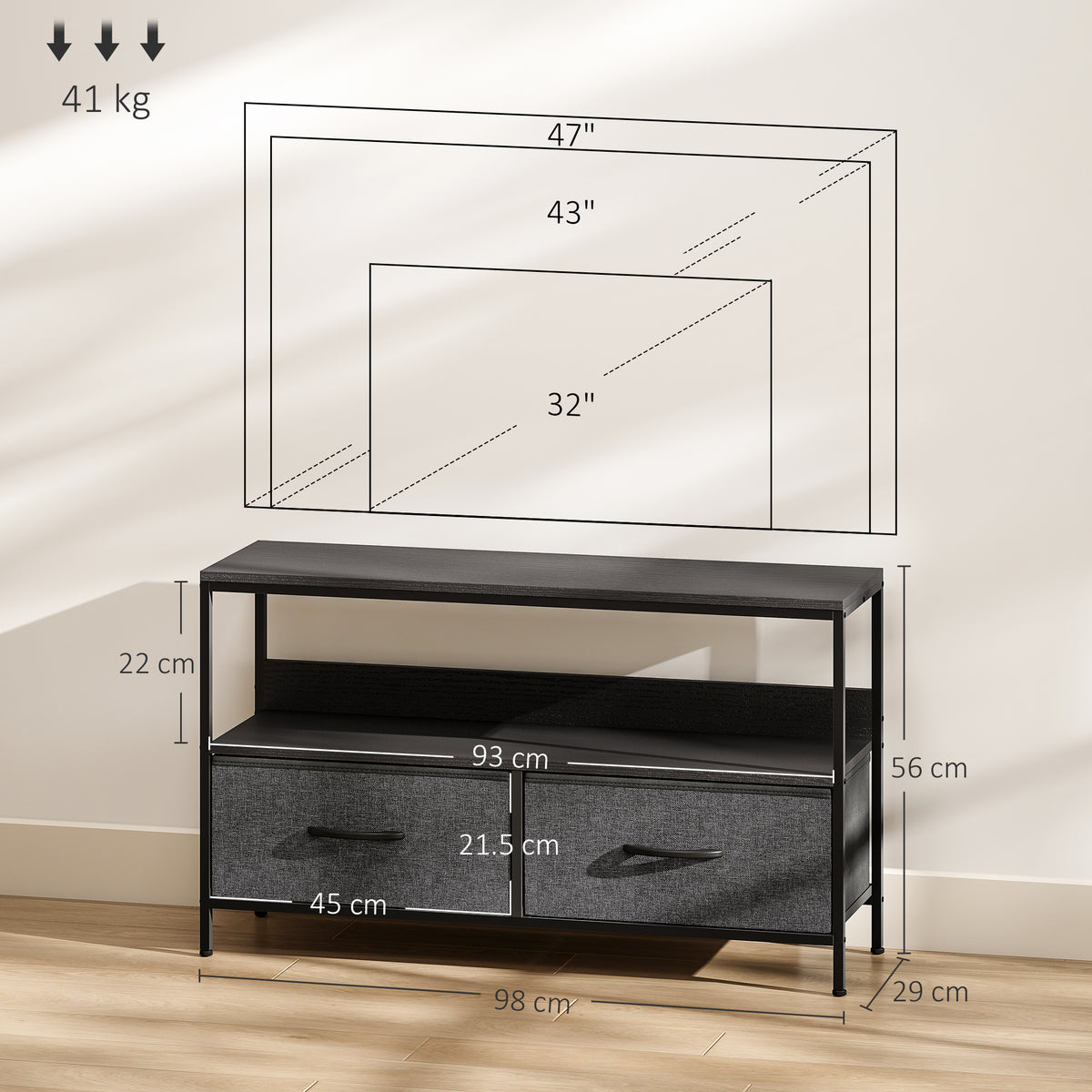 and Black TV Cabinet with Foldable Linen Drawers - Black