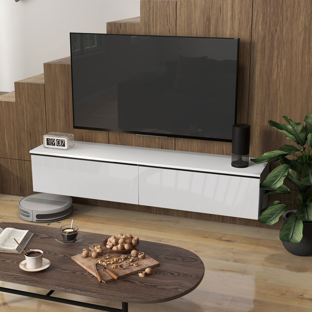 White High Gloss Floating TV Cabinet with 2 Cupboards