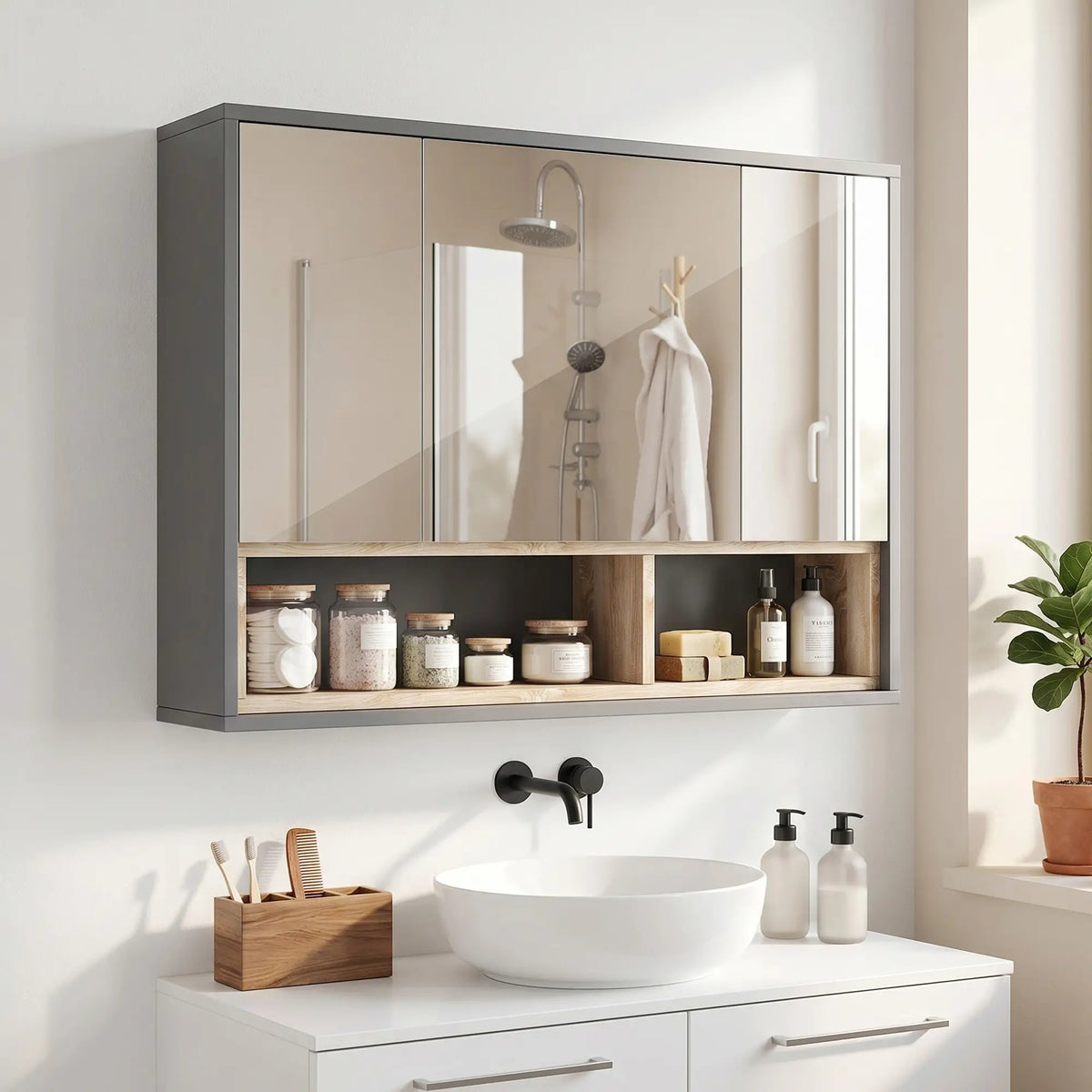 Wall-Mounted Bathroom Mirror Cabinet with Storage Shelves Grey