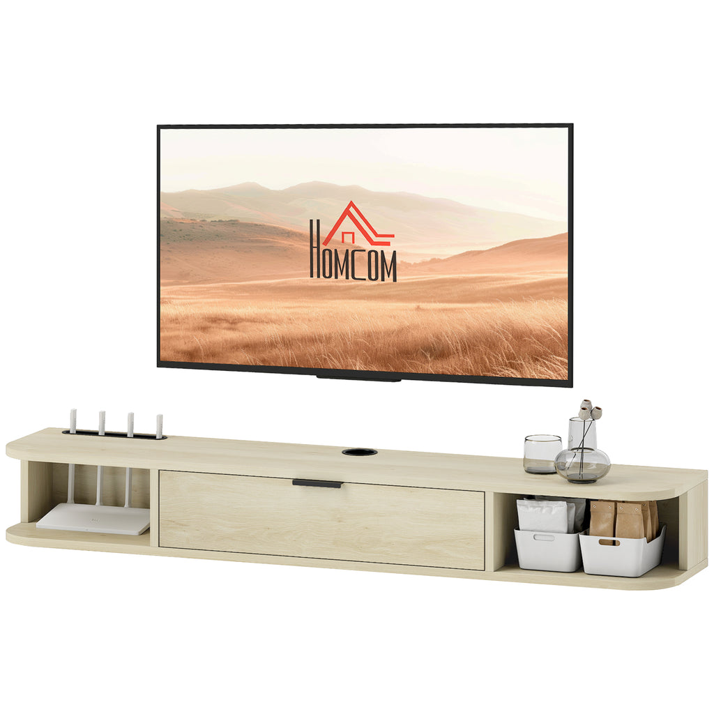 Natural Wood Floating TV Unit with Flip Drawer