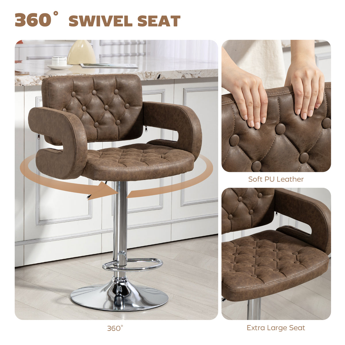 PU Leather Swivel Bar Stool with Backrest and Footrest - Coffee