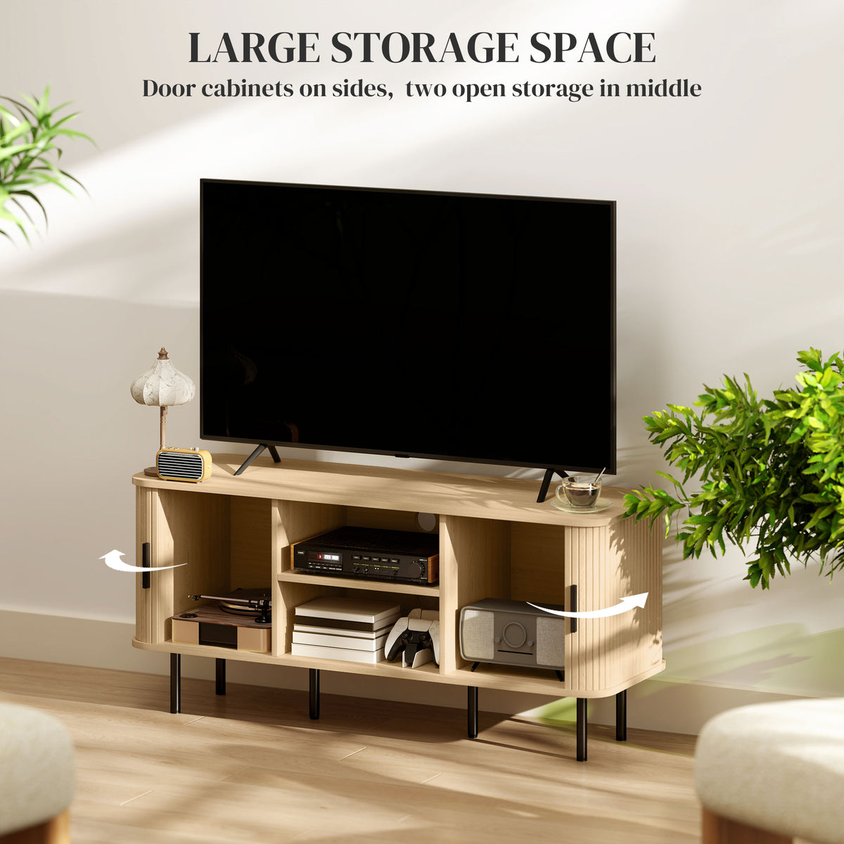TV Stand Cabinet with Slatted Tambour Doors - Oak