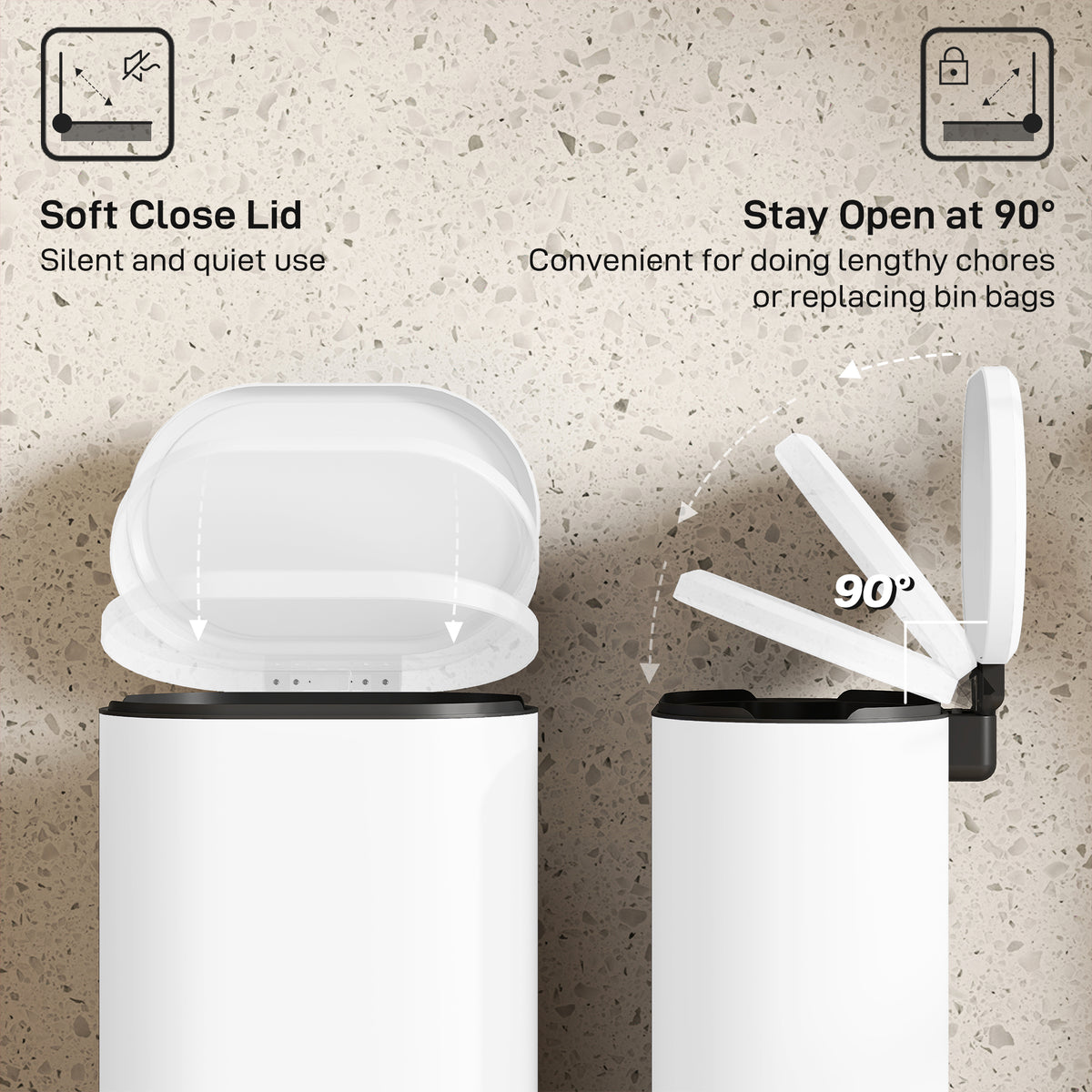 Slim Curved Pedal Kitchen Bin with Soft-Close Lid - White