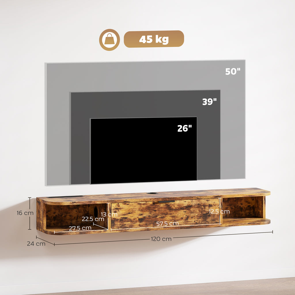 Natural Wood Floating TV Unit with Flip Drawer - Rustic Brown