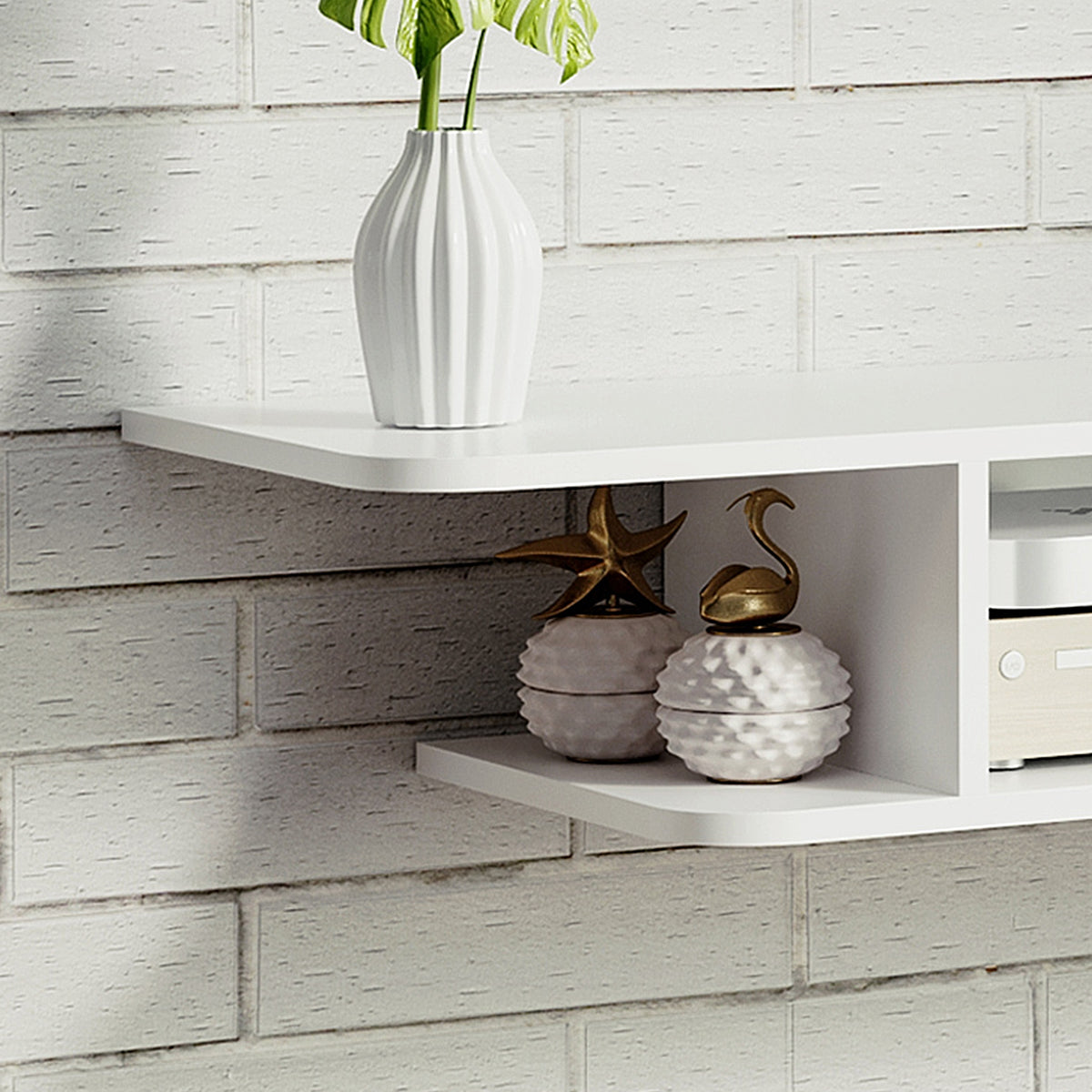 White Floating Wall-Mounted TV Shelf with Storage