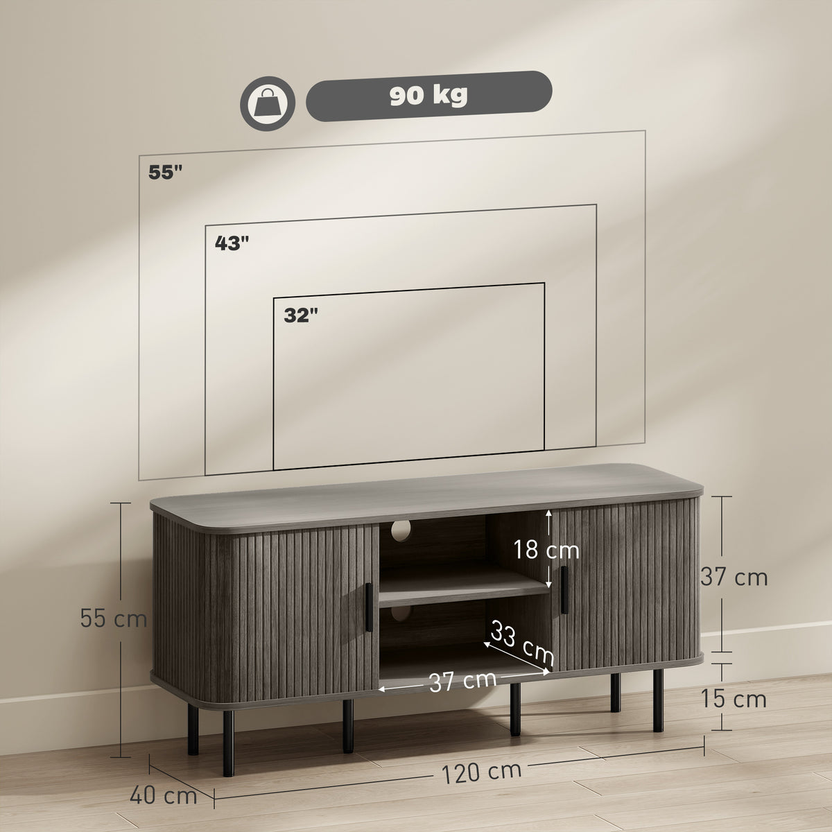 Grey TV Stand Cabinet with Slatted Tambour Doors