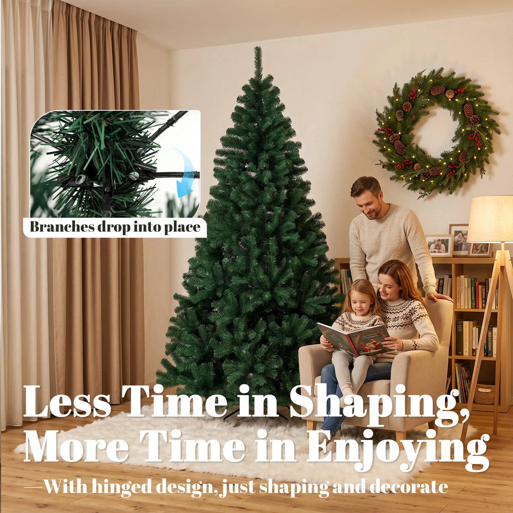 7ft Hinged Fir Christmas Tree with Foldable Steel Stand Green
