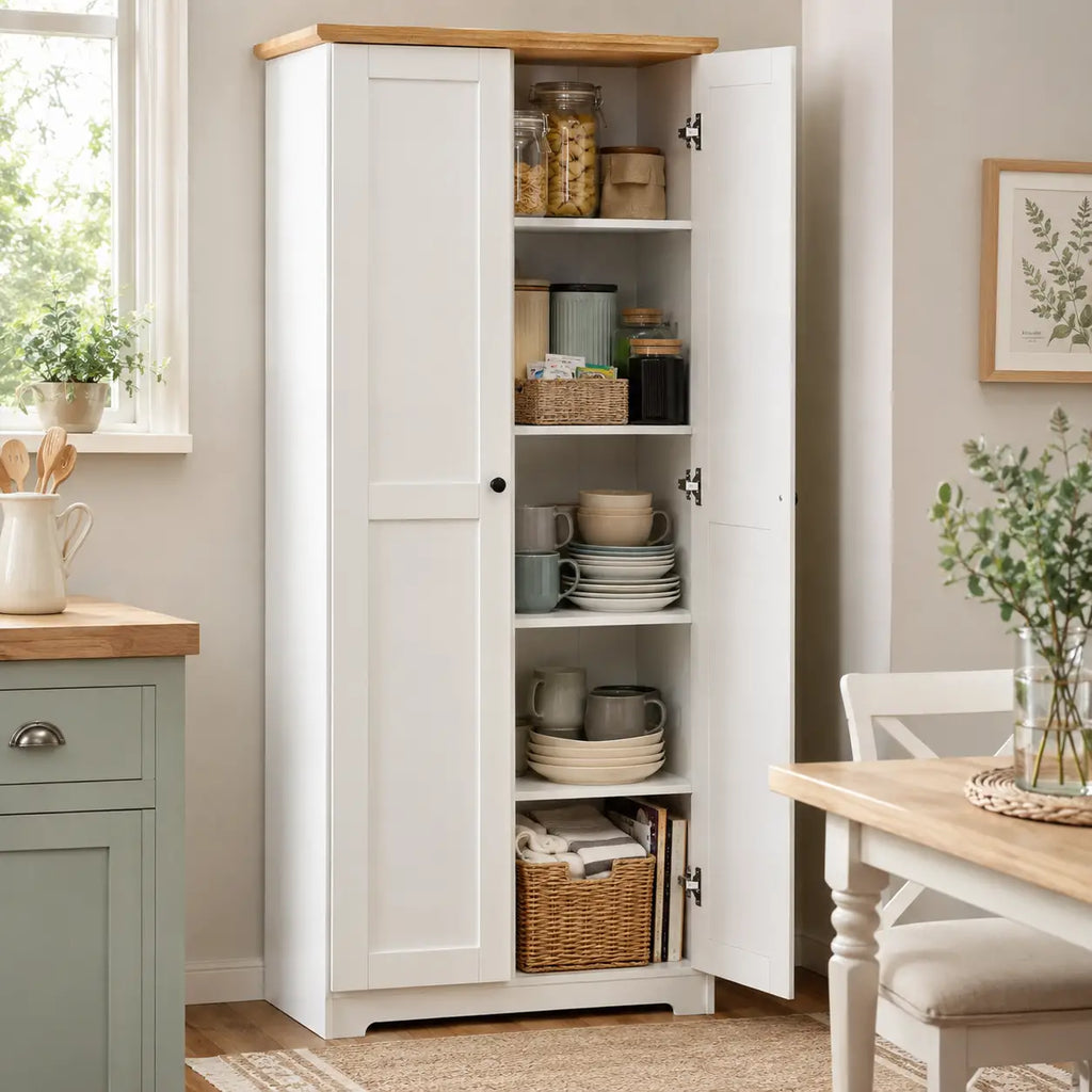 Tall Storage Cabinet with Two Doors and Adjustable Shelves White
