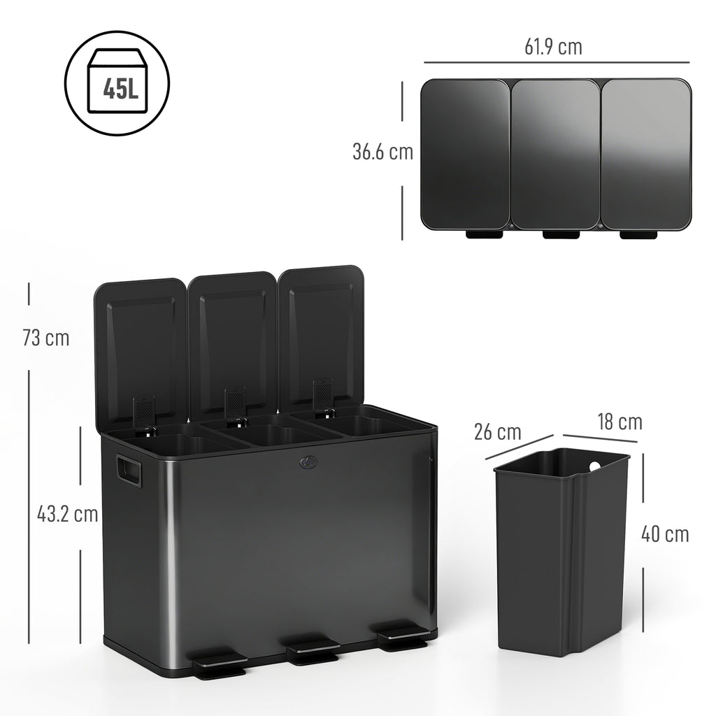 Triple Compartment Pedal Bin with Soft-Close Lid - Black