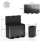 Triple Compartment Pedal Bin with Soft-Close Lid - Black