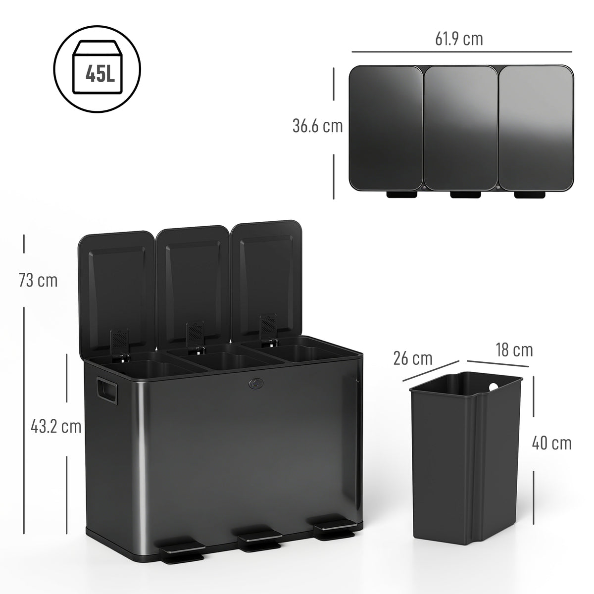 Triple Compartment Pedal Bin with Soft-Close Lid - Black