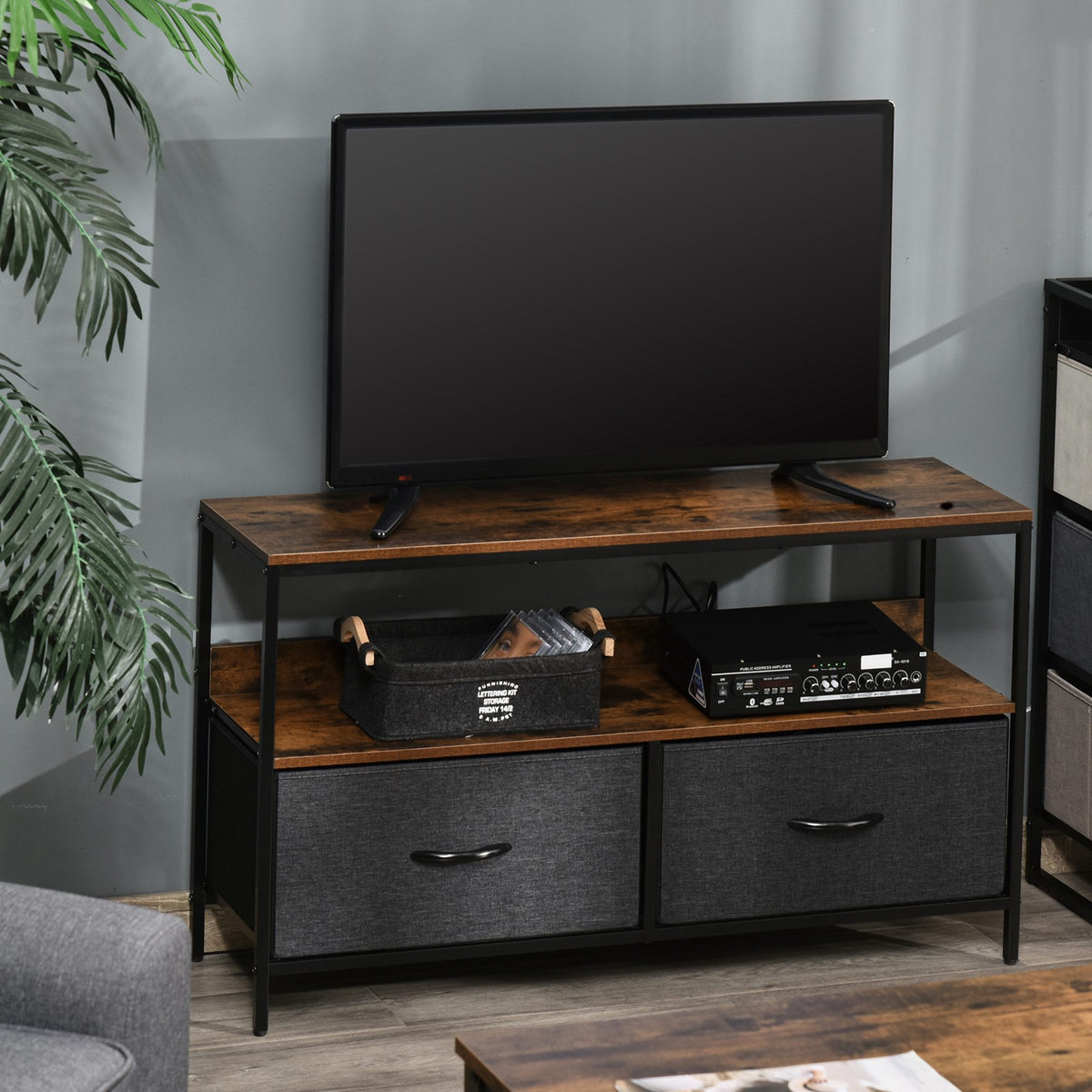 Rustic Brown and Black TV Cabinet with Foldable Linen Drawers