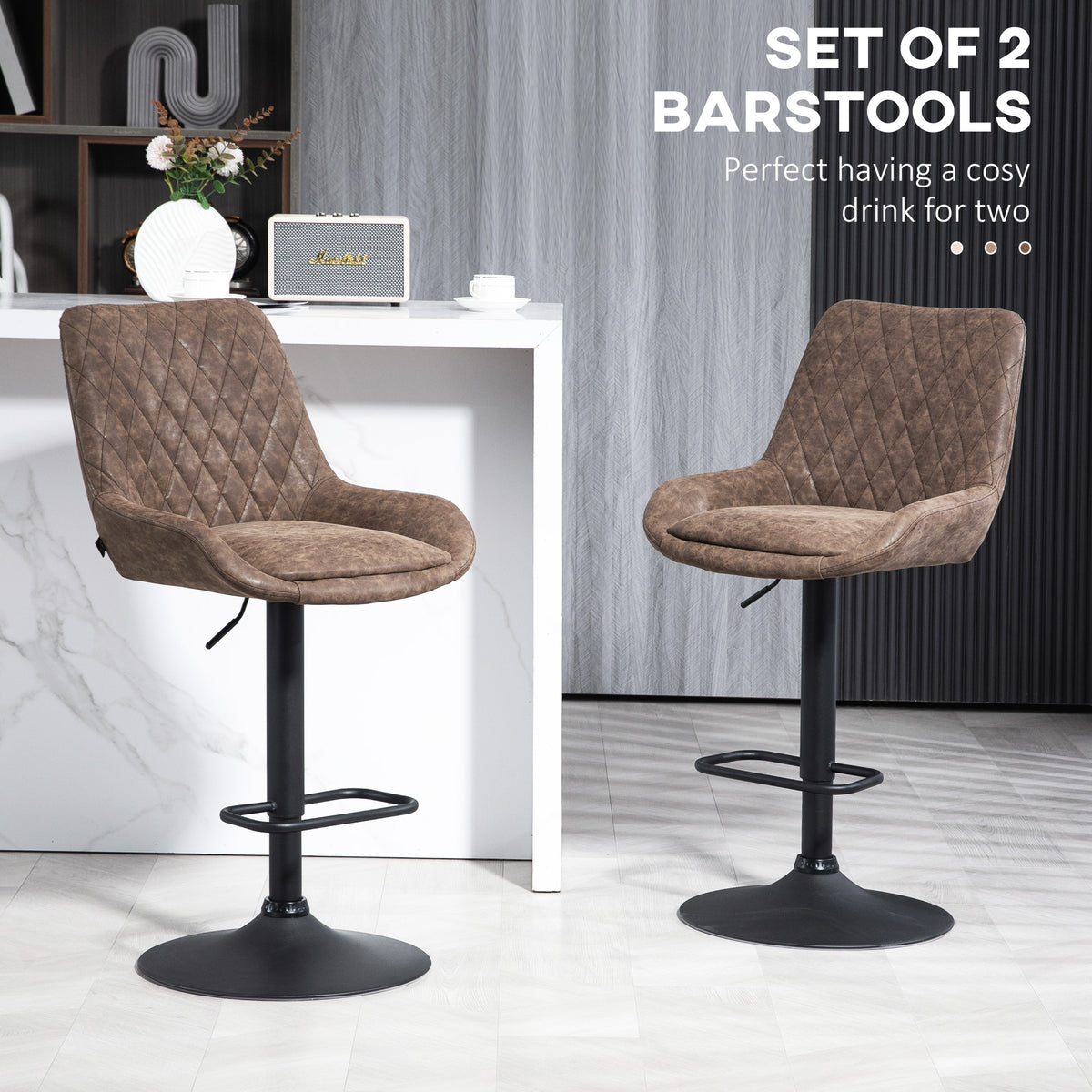 Retro Faux Leather Bar Stools Set of 2 with Adjustable Height - Coffee
