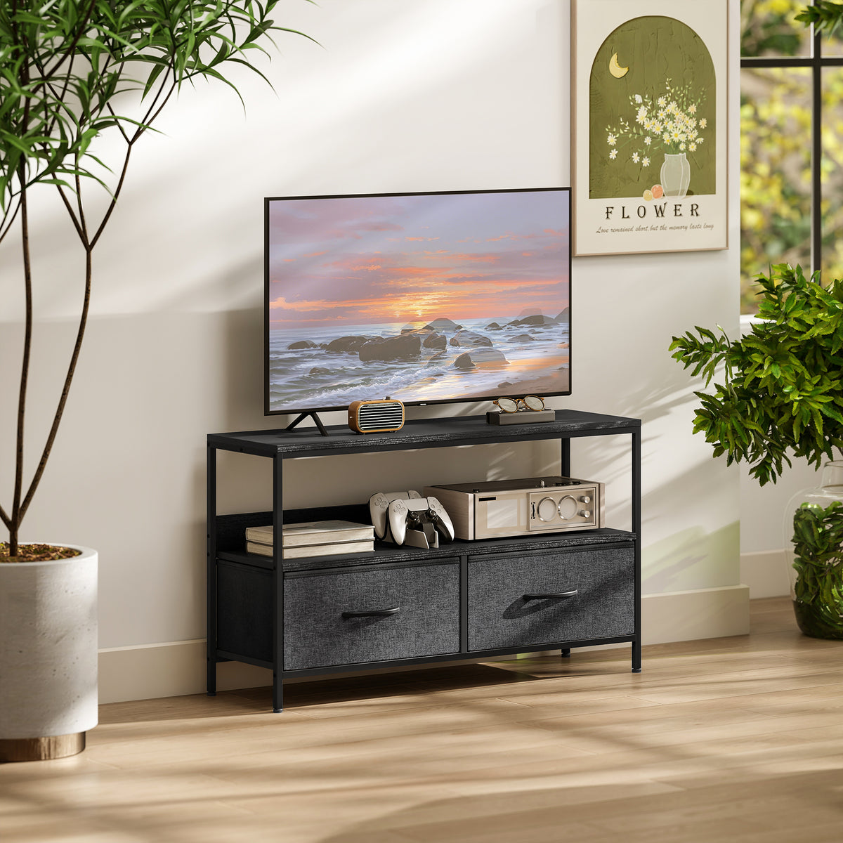 and Black TV Cabinet with Foldable Linen Drawers - Black