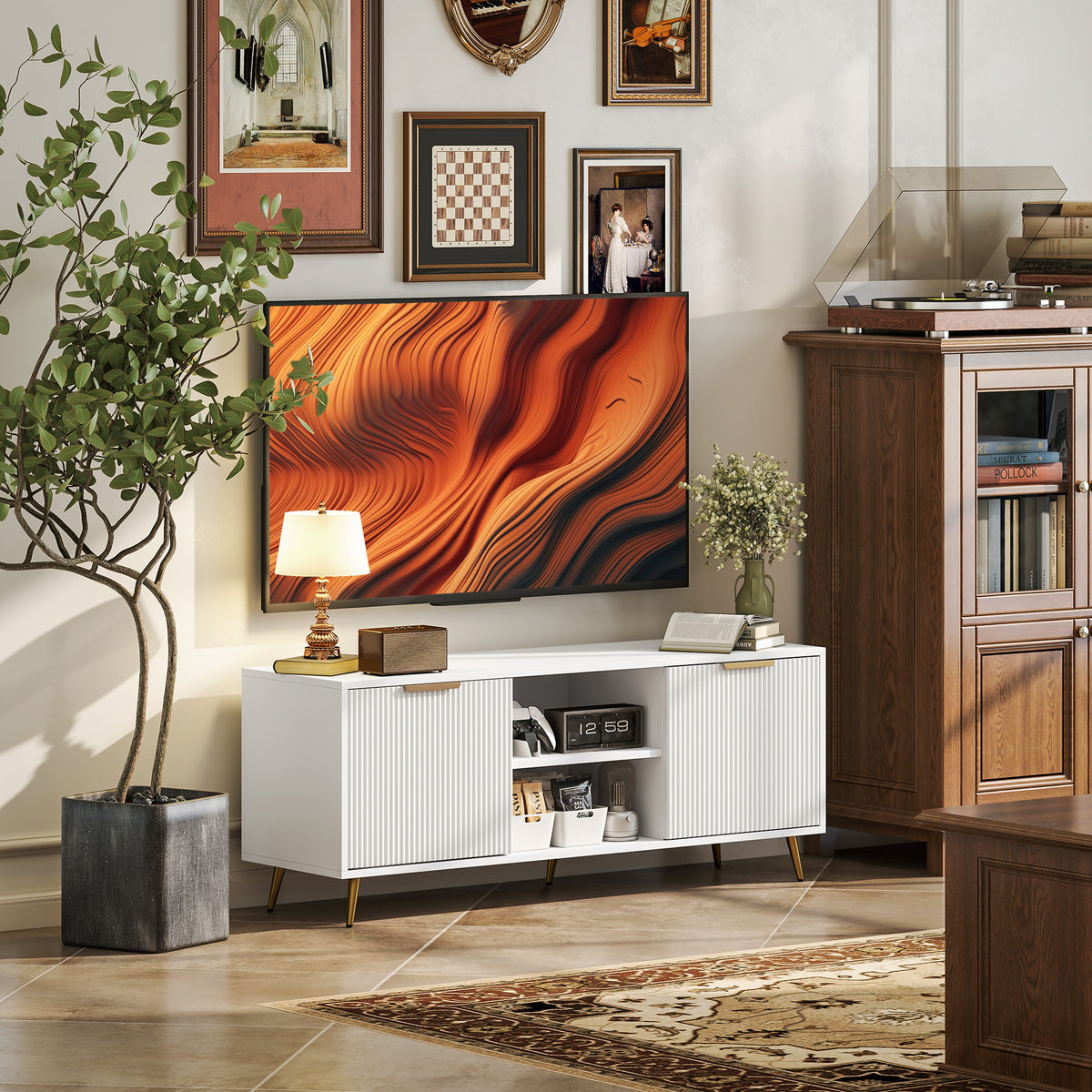 Beadboard TV Stand with 2 Cabinets and Open Shelves - White