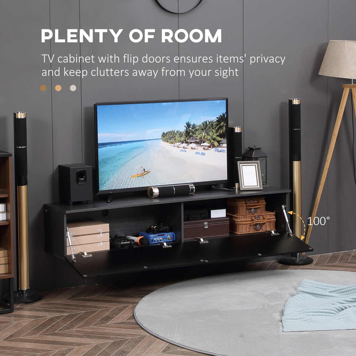 High Gloss Floating TV Cabinet with 2 Cupboards - Grey