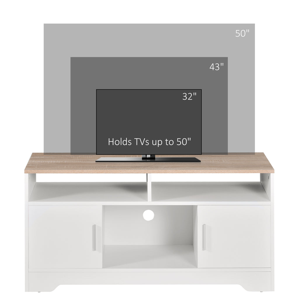 White and Wood TV Stand with Cabinets and Open Shelf