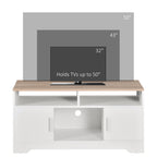 White and Wood TV Stand with Cabinets and Open Shelf